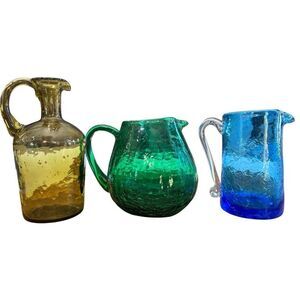 Vintage Mini Glass Pitcher Set Crackle 3 Piece Green Blue Amber Creamer Decanter